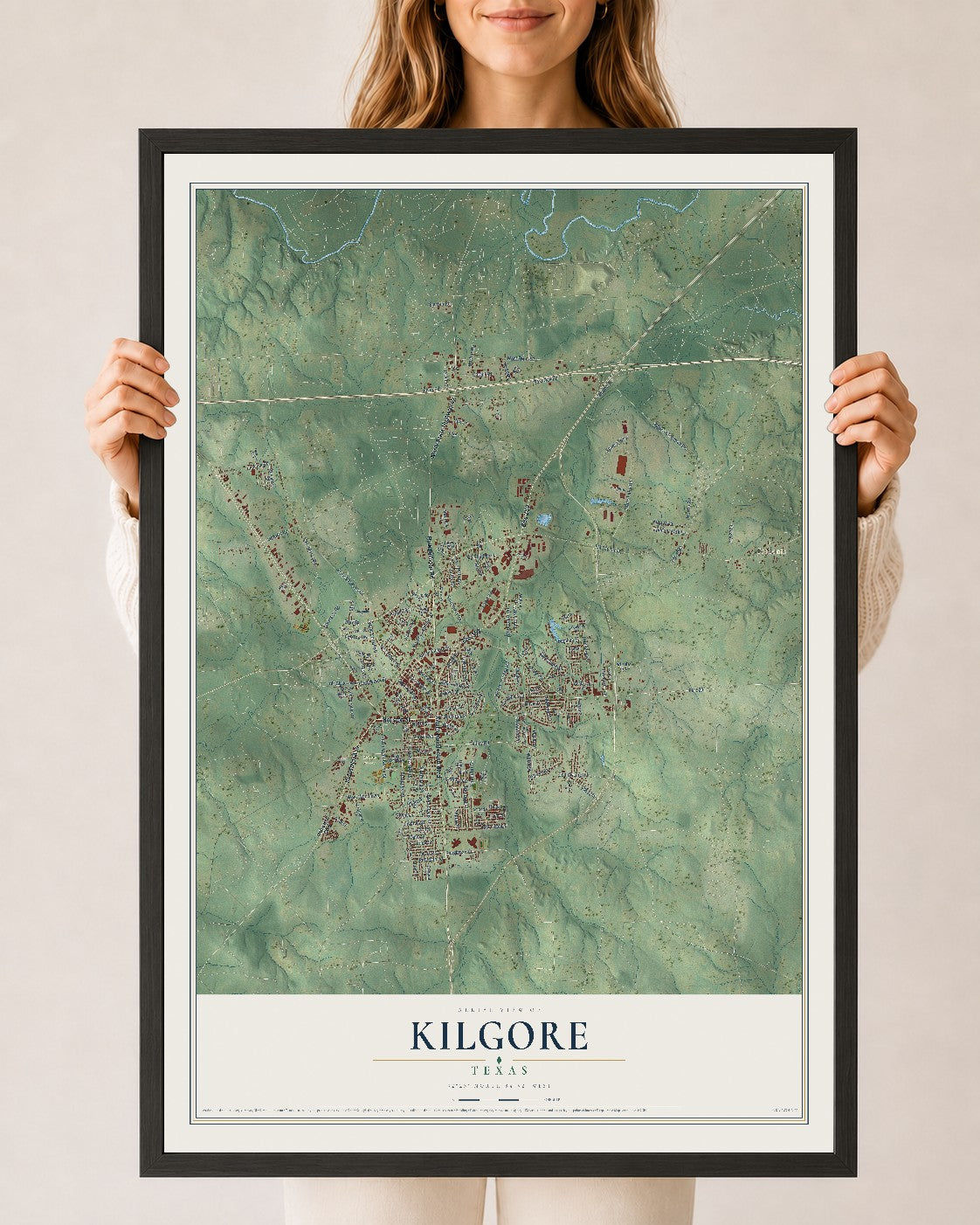 Map of Kilgore, Texas, 24 x 36 inch print in a black wood frame