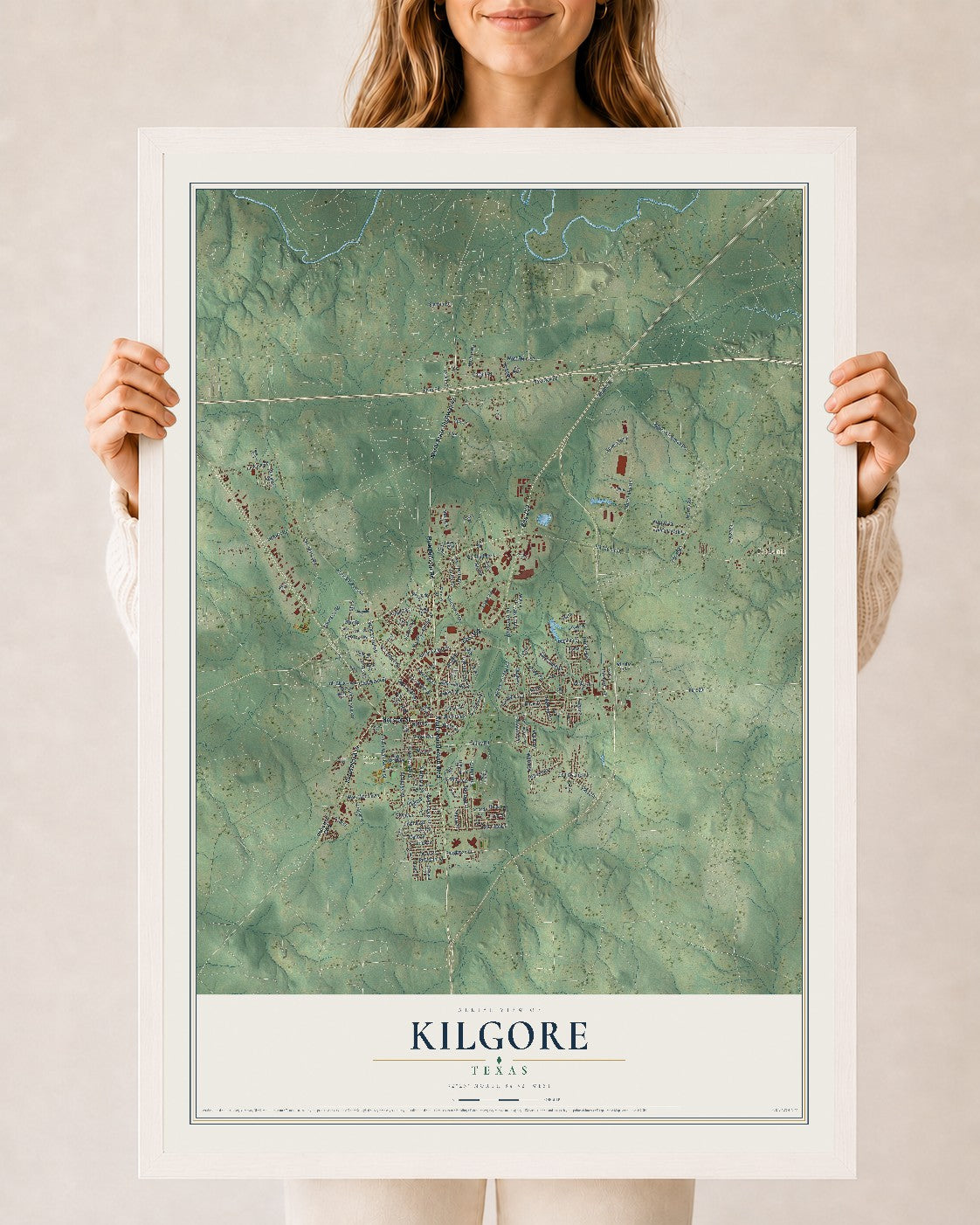 Map of Kilgore, Texas, 24 x 36 inch print in a white wood frame