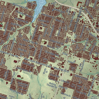 Close-up of the map of Killeen, Texas print showing street and building detail