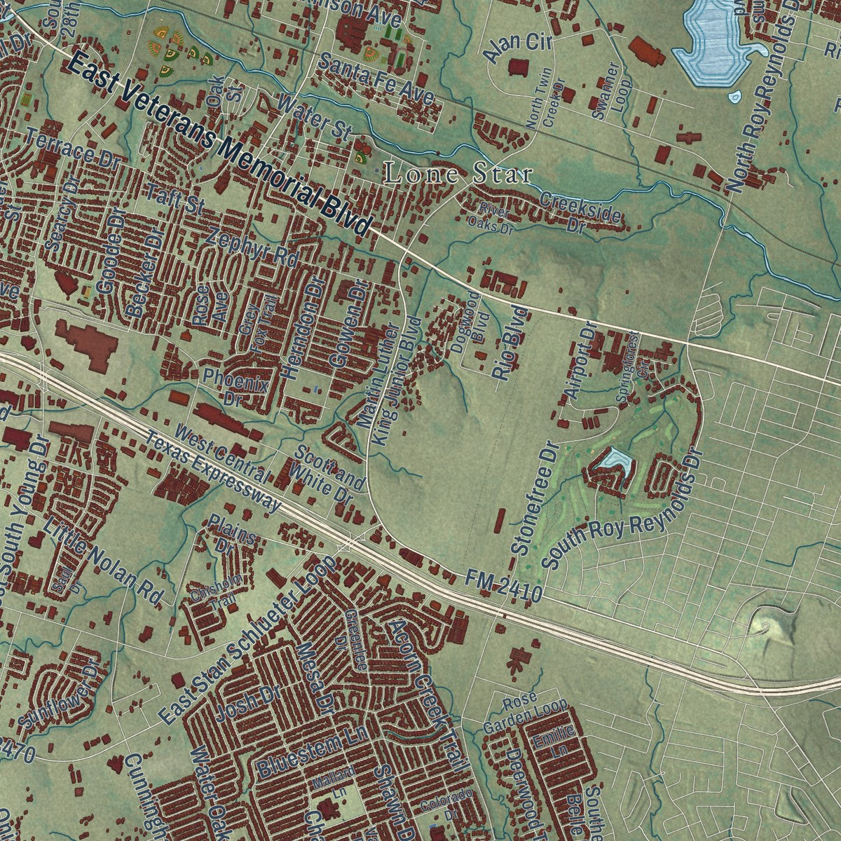 Second close-up of the map of Killeen, Texas print showing more streets and buildings