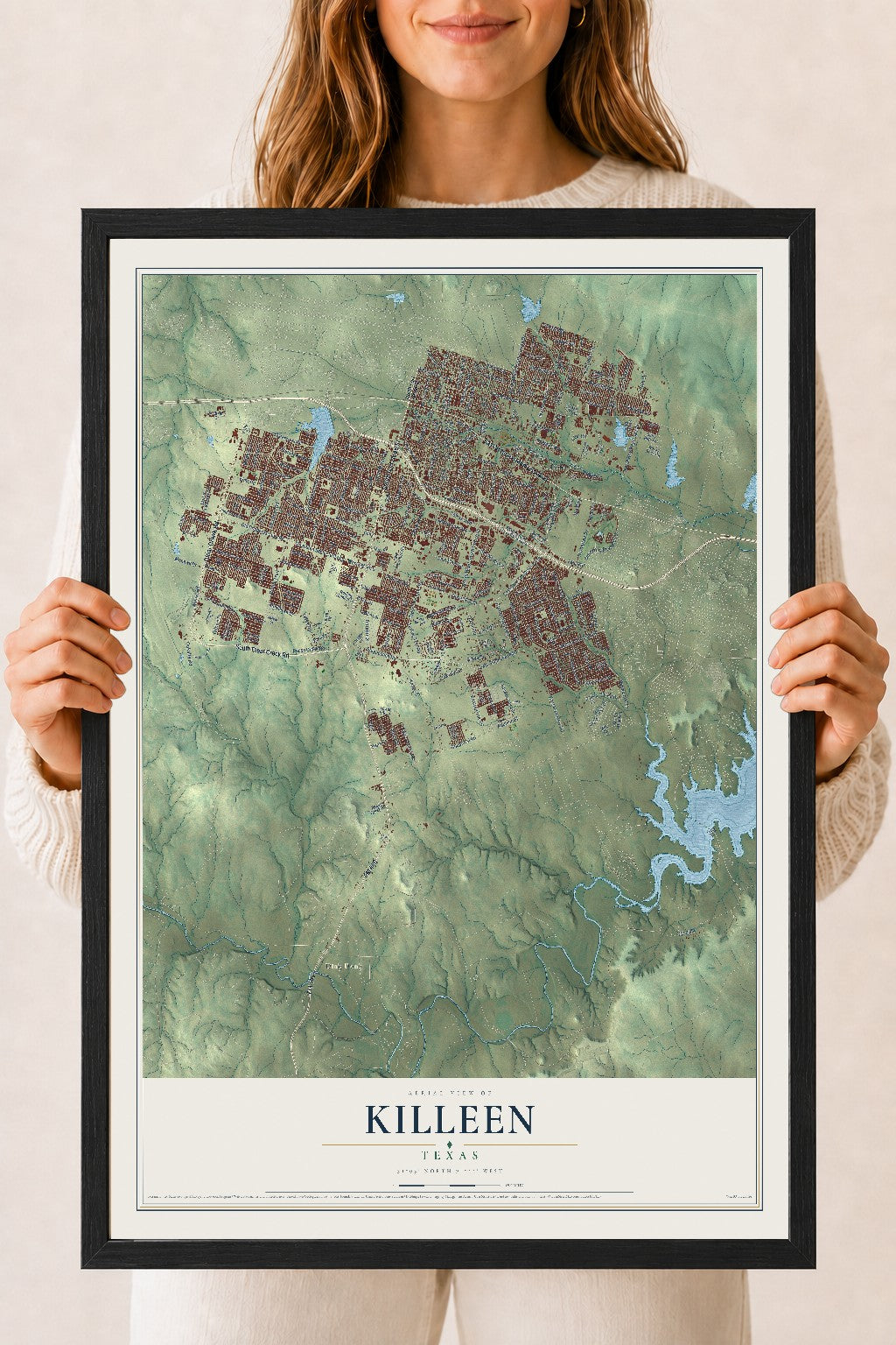 Map of Killeen, Texas, 18 x 24 inch print in a black wood frame