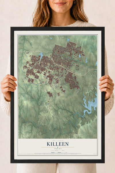 Map of Killeen, Texas, 18 x 24 inch print in a black wood frame