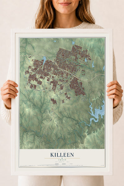 Map of Killeen, Texas, 18 x 24 inch print in a white wood frame