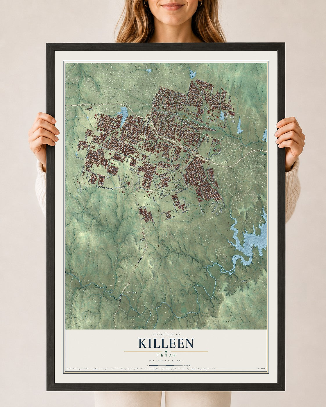 Map of Killeen, Texas, 24 x 36 inch print in a black wood frame