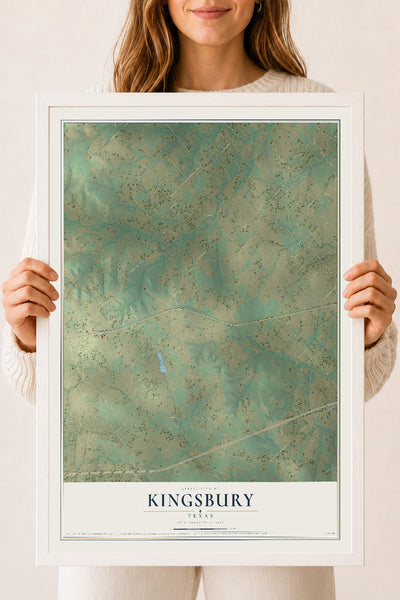 Map of Kingsbury, Texas, 18 x 24 inch print in a white wood frame