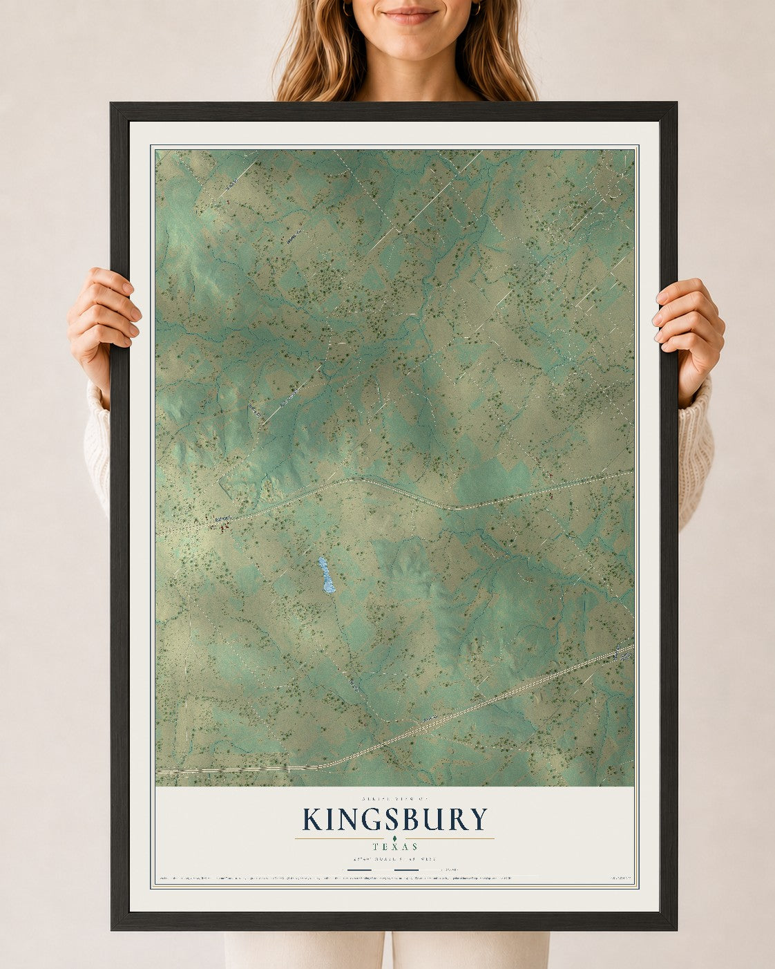 Map of Kingsbury, Texas, 24 x 36 inch print in a black wood frame