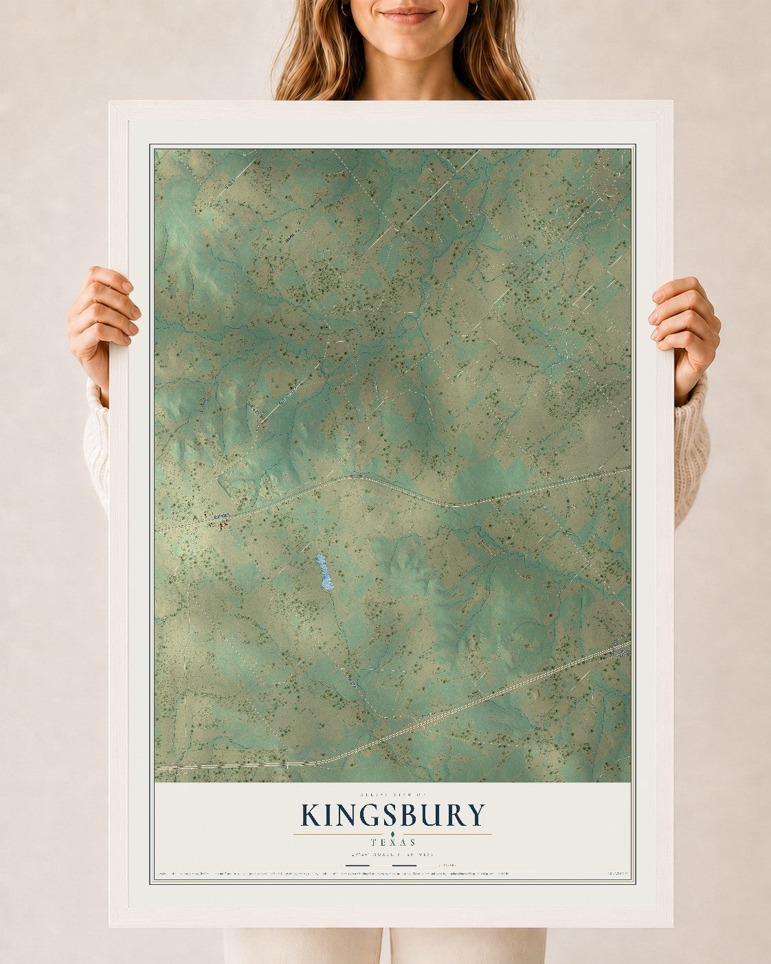 Map of Kingsbury, Texas, 24 x 36 inch print in a white wood frame