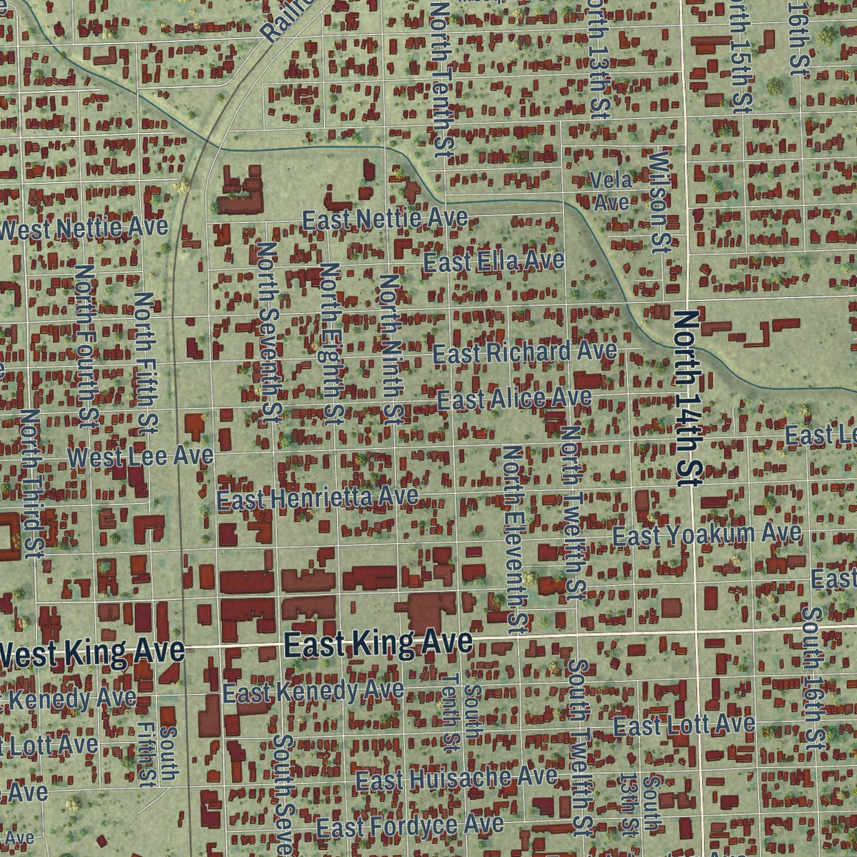 Close-up of the map of Kingsville, Texas print showing street and building detail