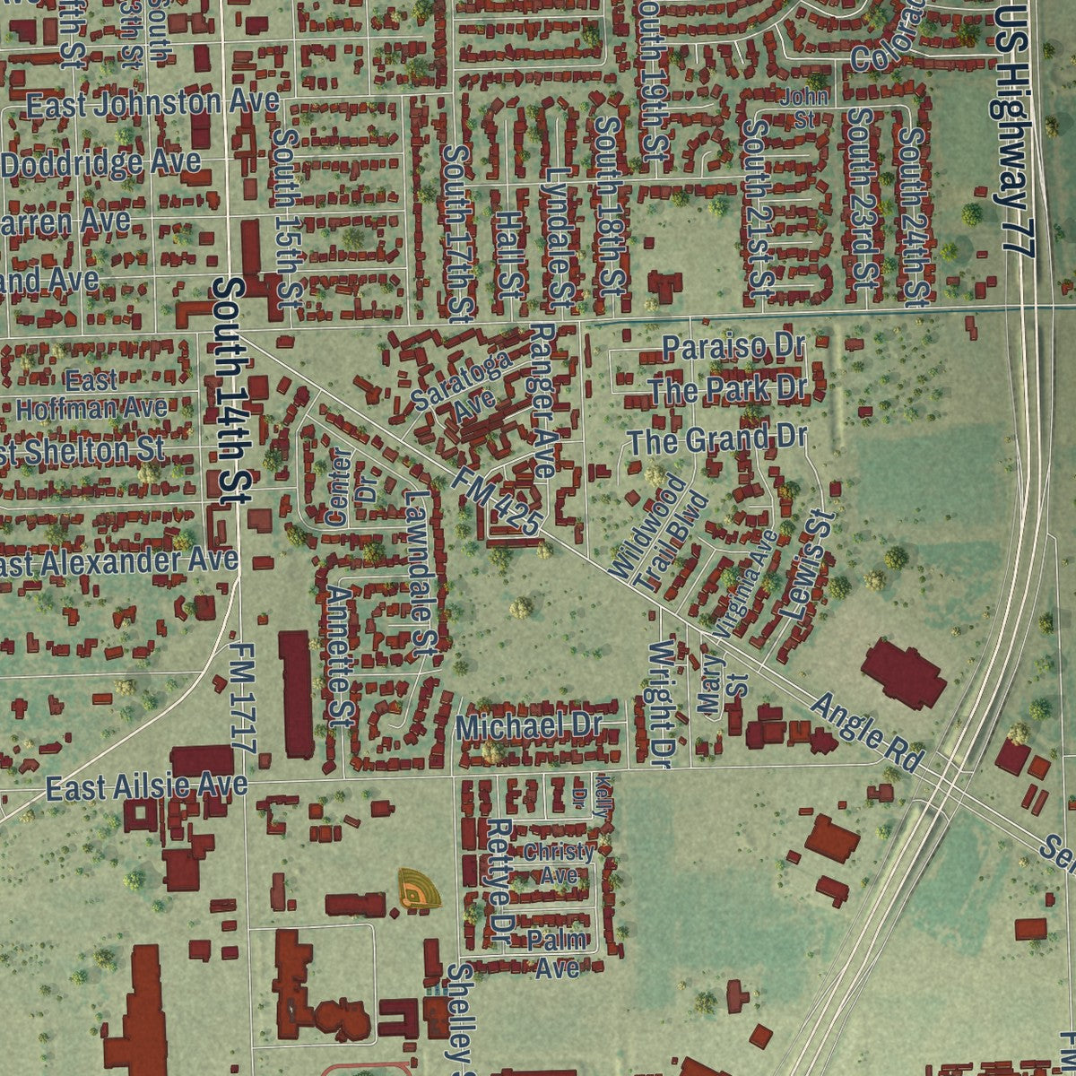 Second close-up of the map of Kingsville, Texas print showing more streets and buildings