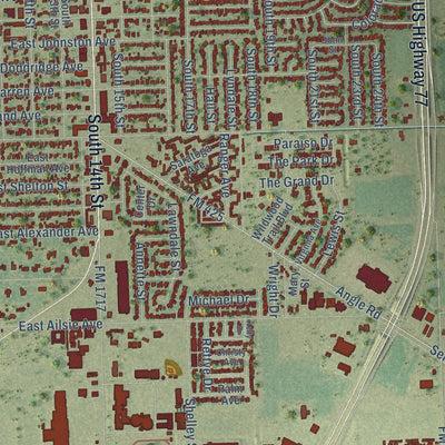 Second close-up of the map of Kingsville, Texas print showing more streets and buildings