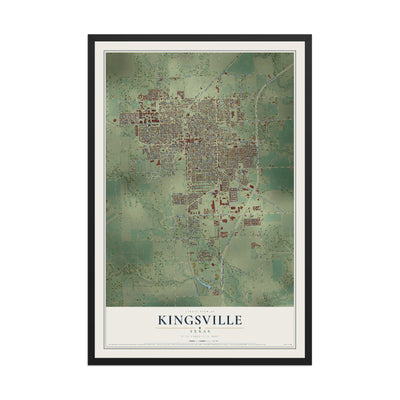 Map of Kingsville, Texas, 12 x 18 inch print in a black wood frame