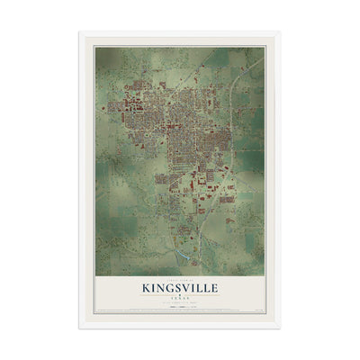 Map of Kingsville, Texas, 12 x 18 inch print in a white wood frame