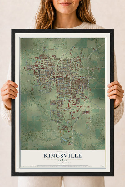 Map of Kingsville, Texas, 18 x 24 inch print in a black wood frame