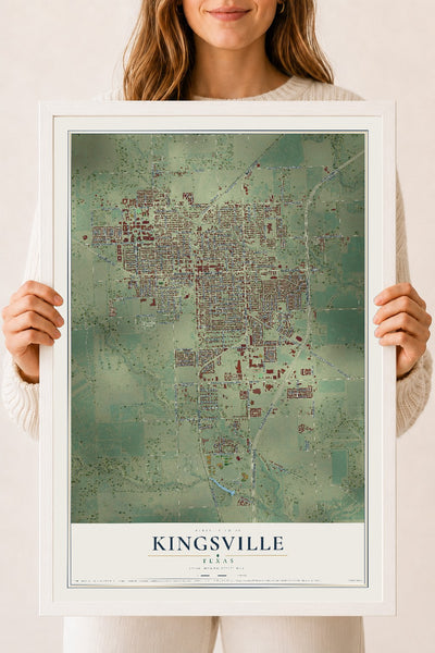 Map of Kingsville, Texas, 18 x 24 inch print in a white wood frame