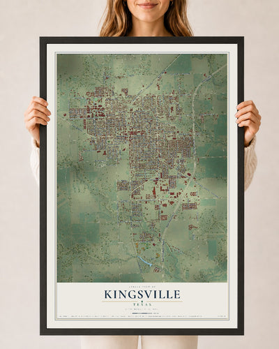 Map of Kingsville, Texas, 24 x 36 inch print in a black wood frame