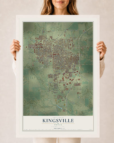 Map of Kingsville, Texas, 24 x 36 inch print in a white wood frame