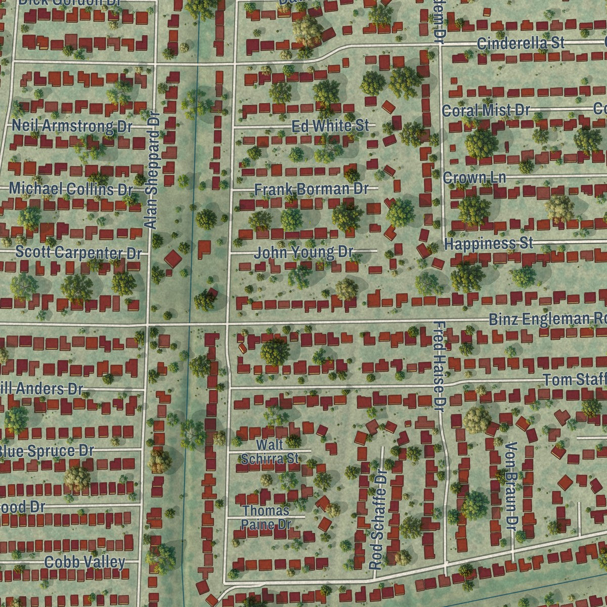 Close-up of the map of Kirby, Texas print showing street and building detail