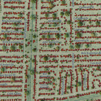 Close-up of the map of Kirby, Texas print showing street and building detail