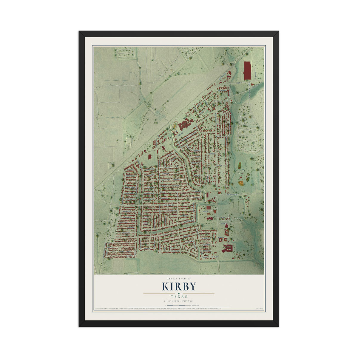Map of Kirby, Texas, 12 x 18 inch print in a black wood frame