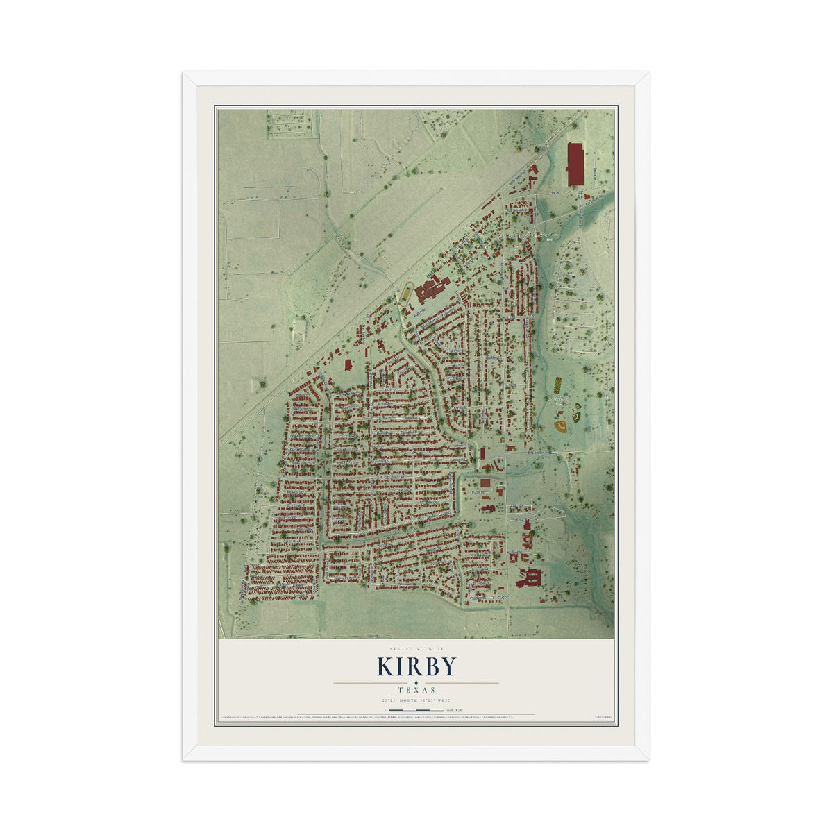 Map of Kirby, Texas, 12 x 18 inch print in a white wood frame
