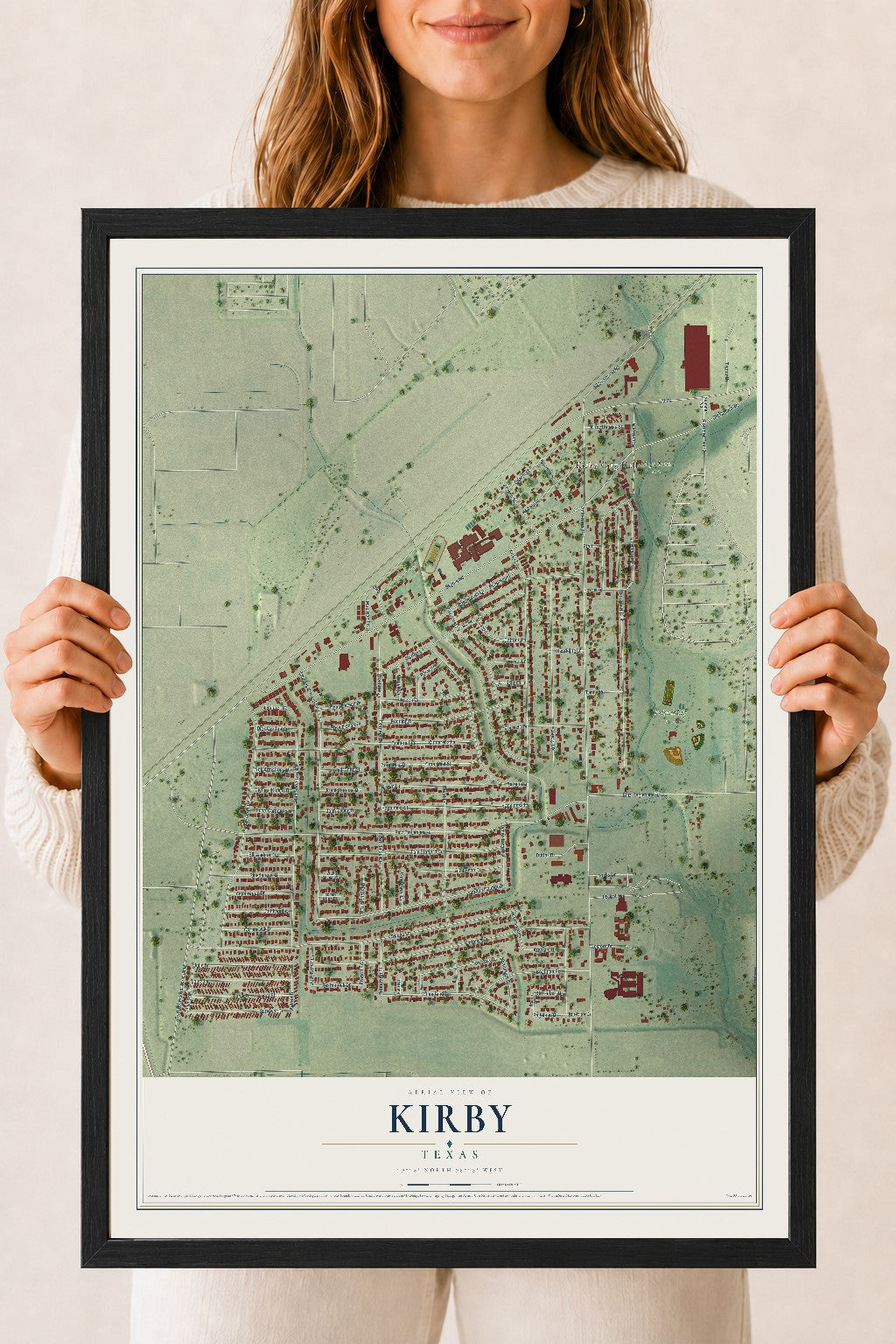 Map of Kirby, Texas, 18 x 24 inch print in a black wood frame