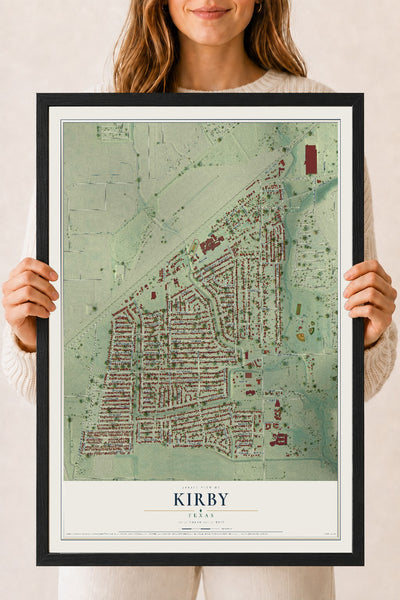 Map of Kirby, Texas, 18 x 24 inch print in a black wood frame