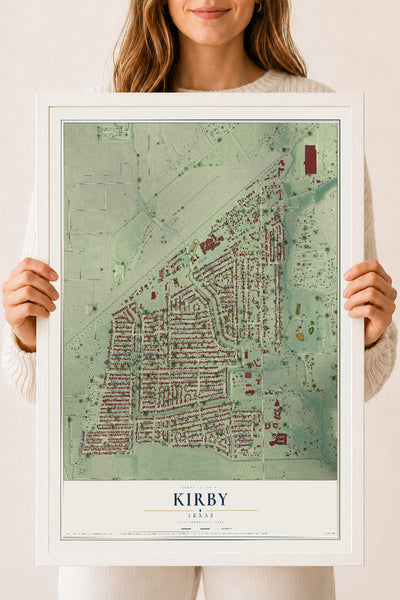 Map of Kirby, Texas, 18 x 24 inch print in a white wood frame