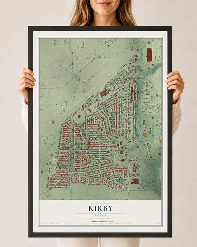 Map of Kirby, Texas, 24 x 36 inch print in a black wood frame