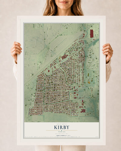 Map of Kirby, Texas, 24 x 36 inch print in a white wood frame