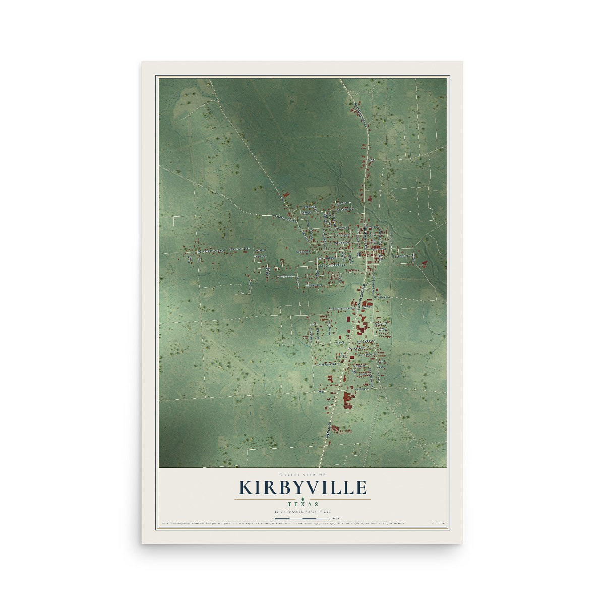 Map of Kirbyville, Texas, 12 x 18 inch unframed archival matte print