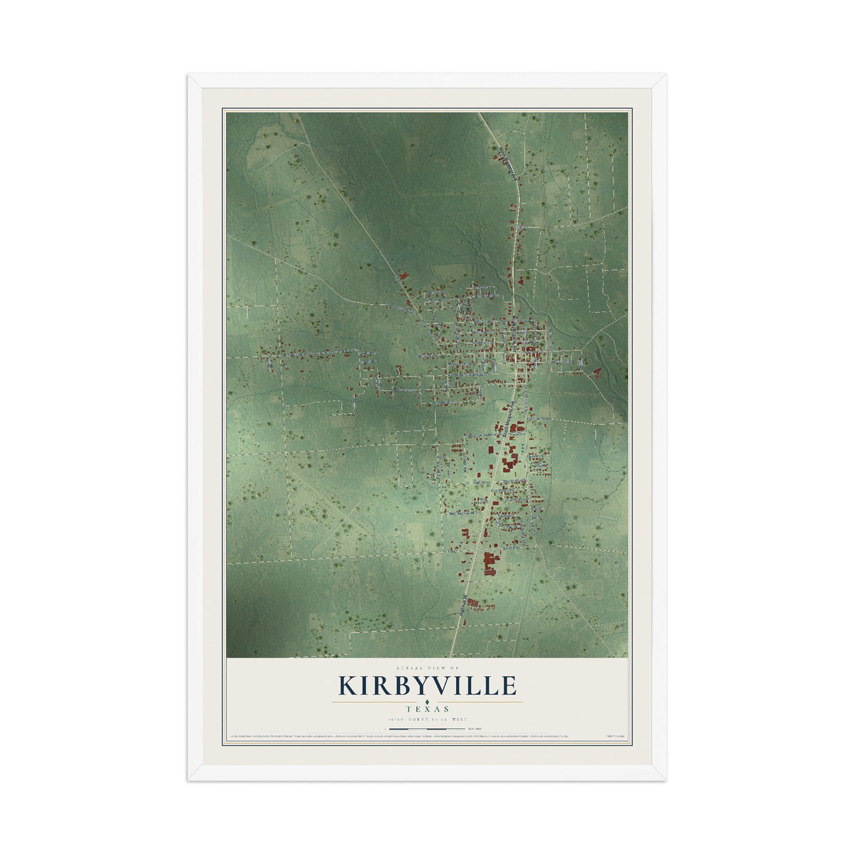 Map of Kirbyville, Texas, 12 x 18 inch print in a white wood frame