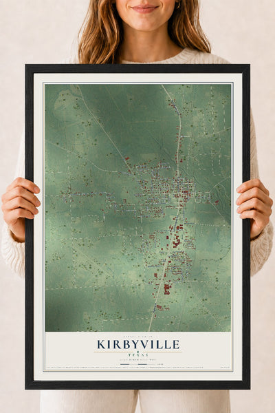 Map of Kirbyville, Texas, 18 x 24 inch print in a black wood frame
