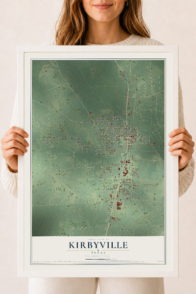 Map of Kirbyville, Texas, 18 x 24 inch print in a white wood frame