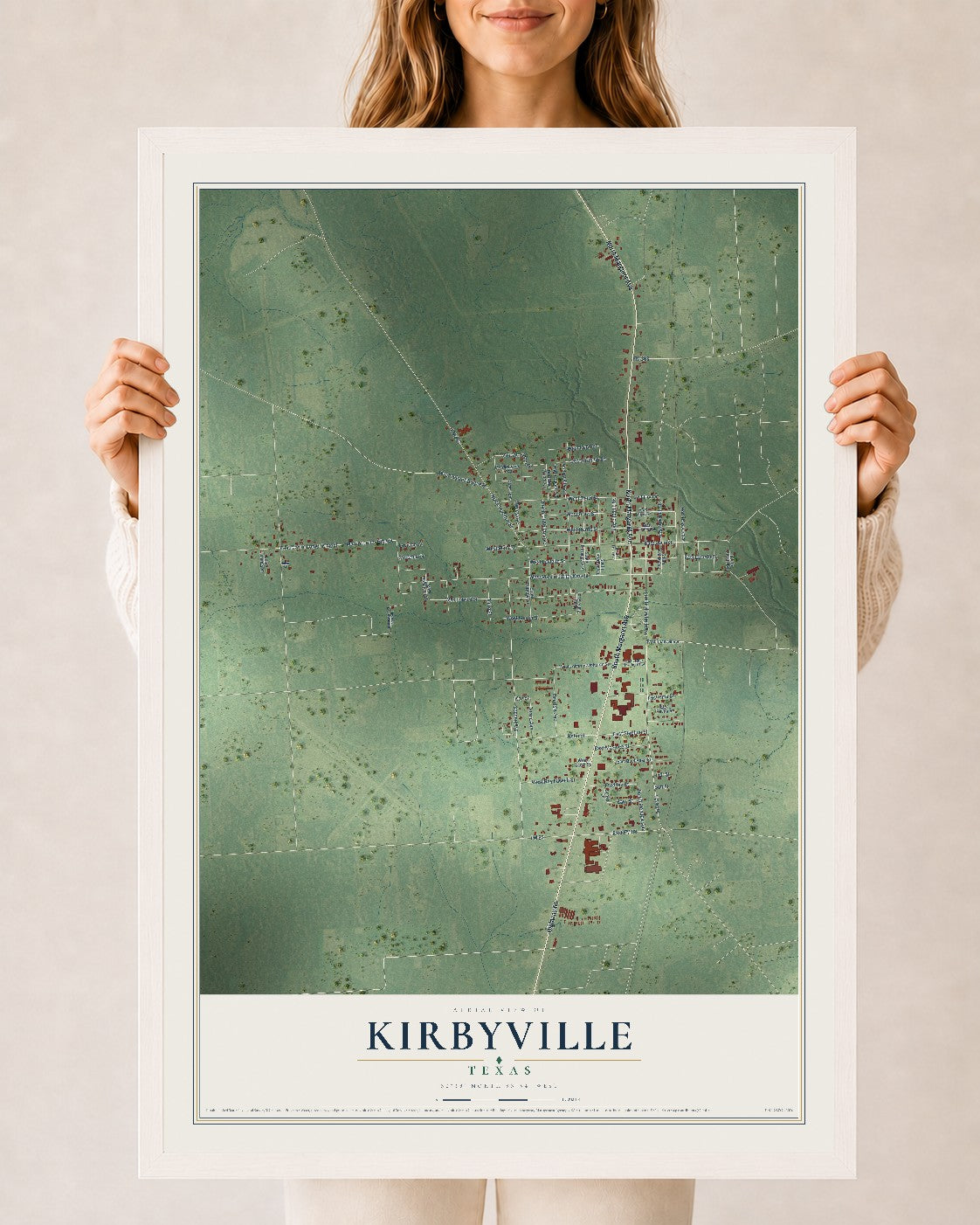 Map of Kirbyville, Texas, 24 x 36 inch print in a white wood frame