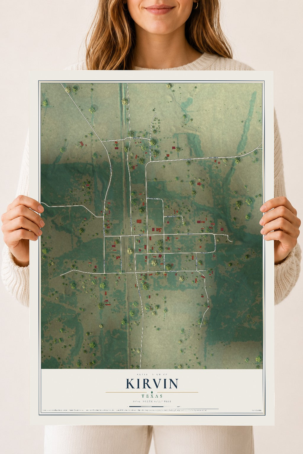Map of Kirvin, Texas, 18 x 24 inch unframed archival matte print