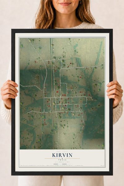 Map of Kirvin, Texas, 18 x 24 inch print in a black wood frame