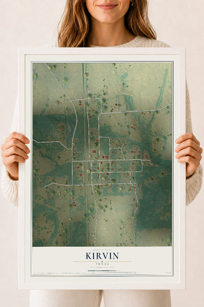 Map of Kirvin, Texas, 18 x 24 inch print in a white wood frame