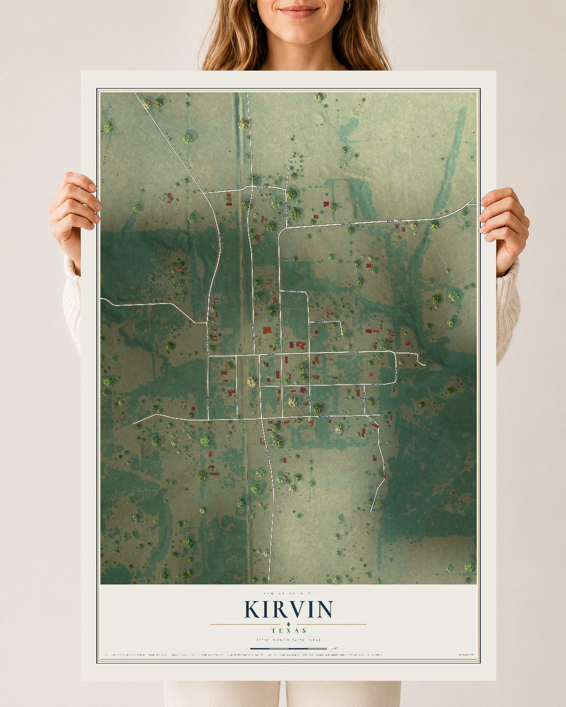 Map of Kirvin, Texas, 24 x 36 inch unframed archival matte print