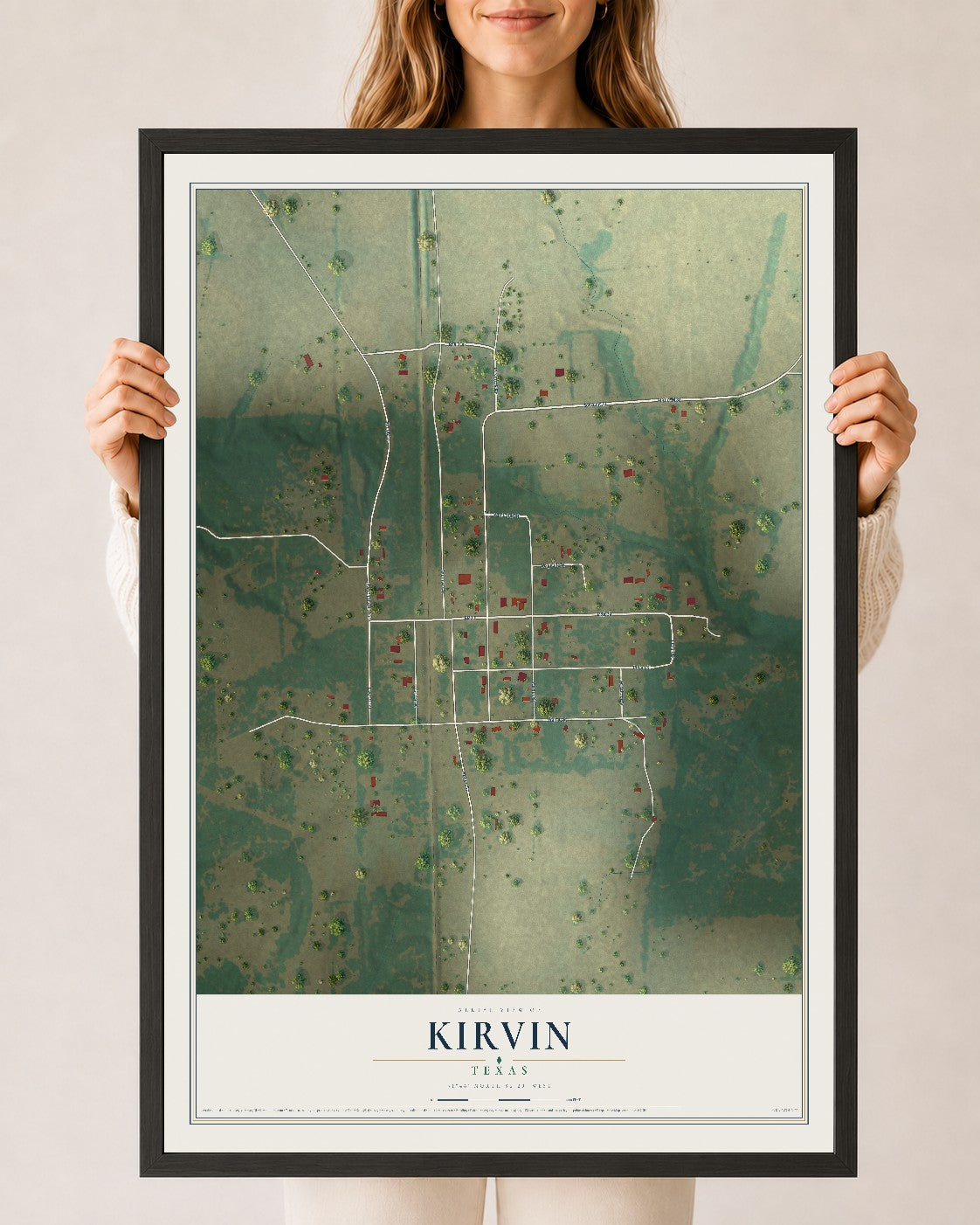 Map of Kirvin, Texas, 24 x 36 inch print in a black wood frame