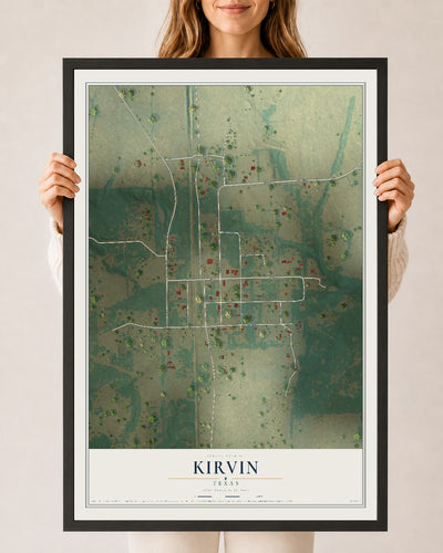 Map of Kirvin, Texas, 24 x 36 inch print in a black wood frame