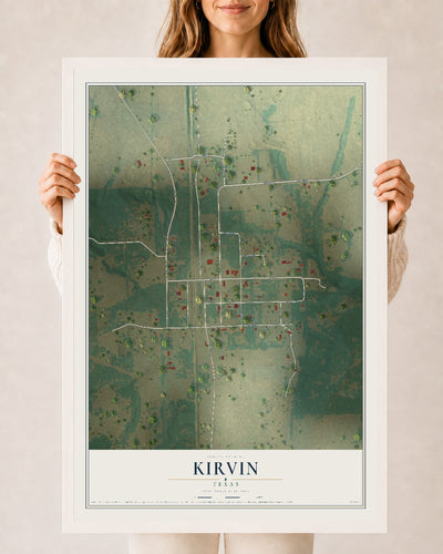 Map of Kirvin, Texas, 24 x 36 inch print in a white wood frame