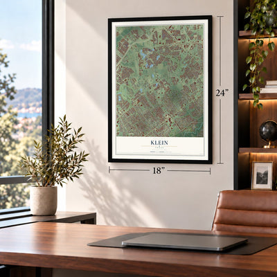 Klein, Texas map, 18 x 24 inch print in a black frame in a home office