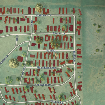 Close-up of the map of Knollwood, Texas print showing street and building detail
