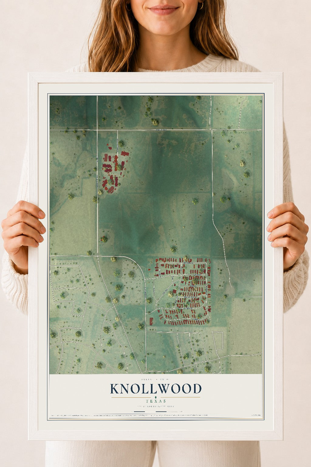 Map of Knollwood, Texas, 18 x 24 inch print in a white wood frame