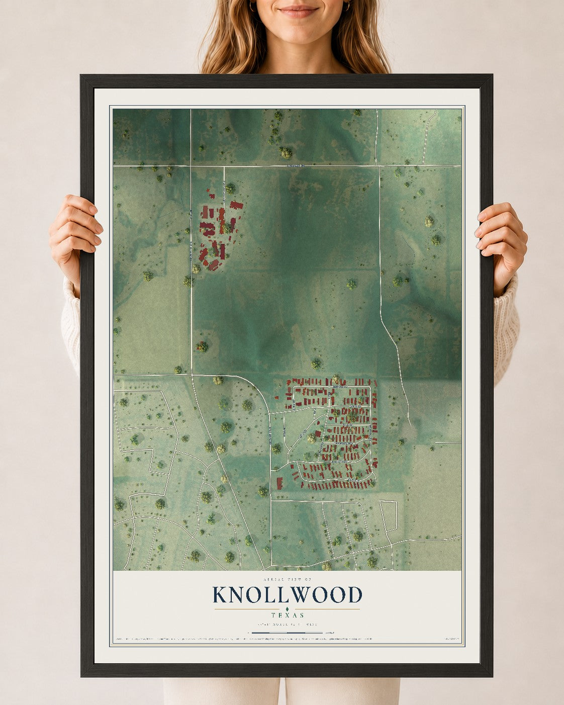 Map of Knollwood, Texas, 24 x 36 inch print in a black wood frame