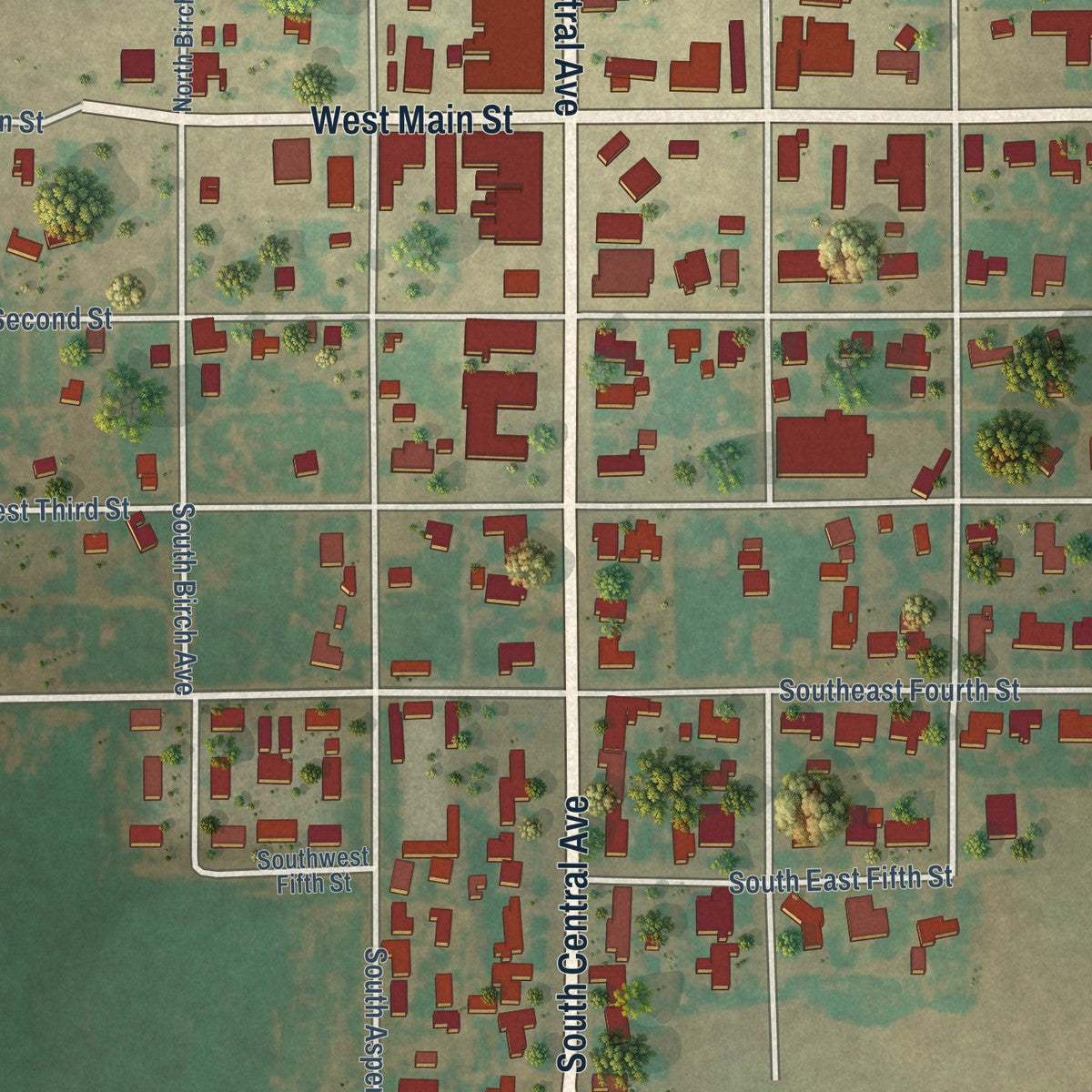 Second close-up of the map of Knox City, Texas print showing more streets and buildings