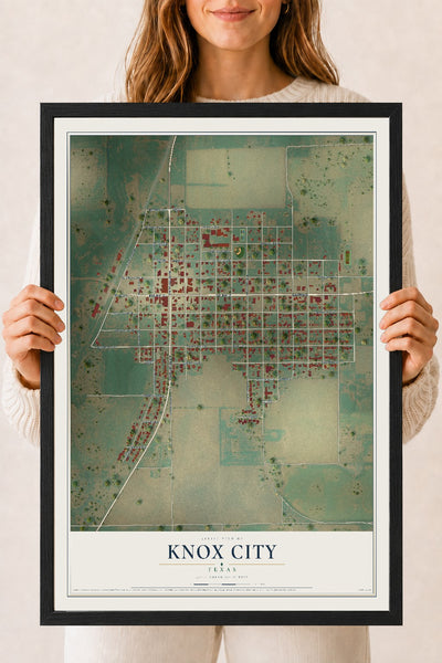 Map of Knox City, Texas, 18 x 24 inch print in a black wood frame