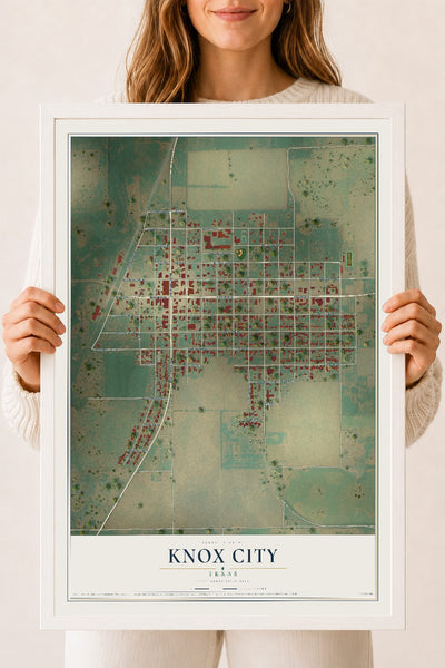 Map of Knox City, Texas, 18 x 24 inch print in a white wood frame