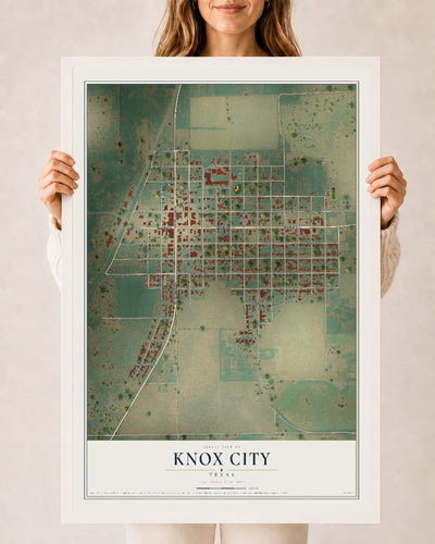 Map of Knox City, Texas, 24 x 36 inch print in a white wood frame