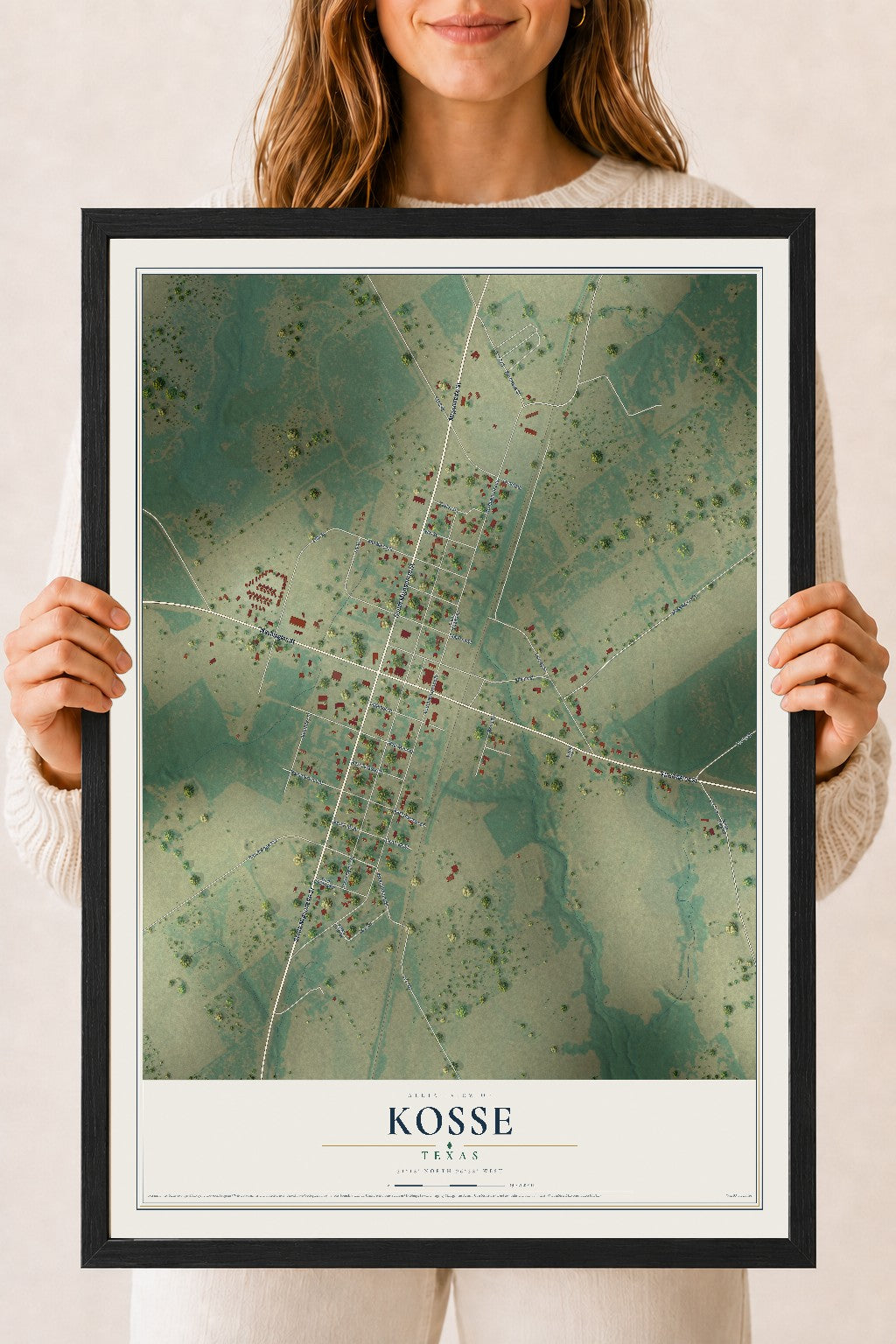 Map of Kosse, Texas, 18 x 24 inch print in a black wood frame
